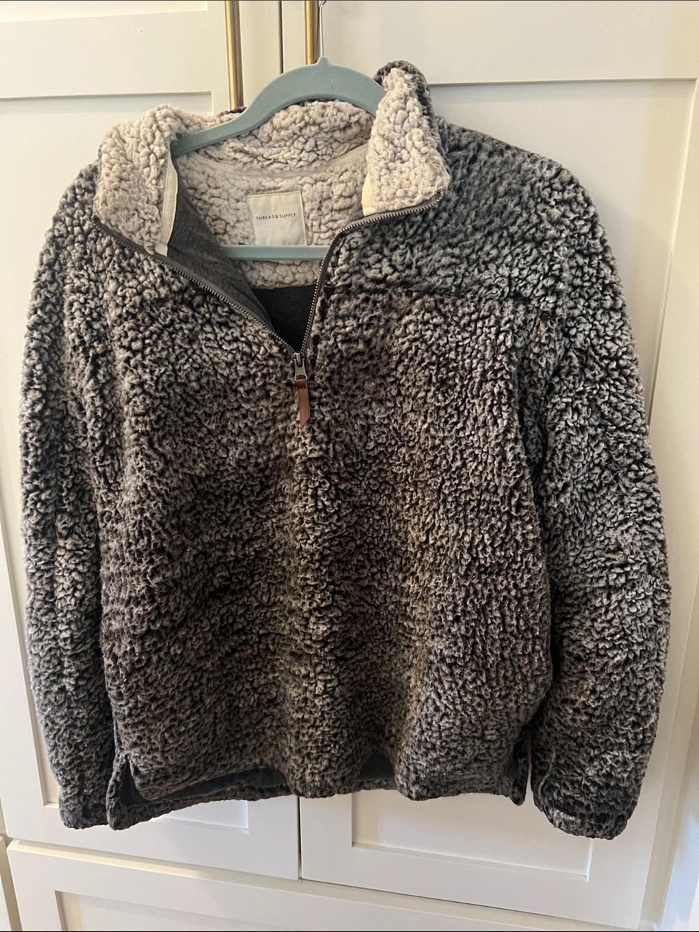 Thread & Supply Sherpa Pullover in Light Gray with Cream Label